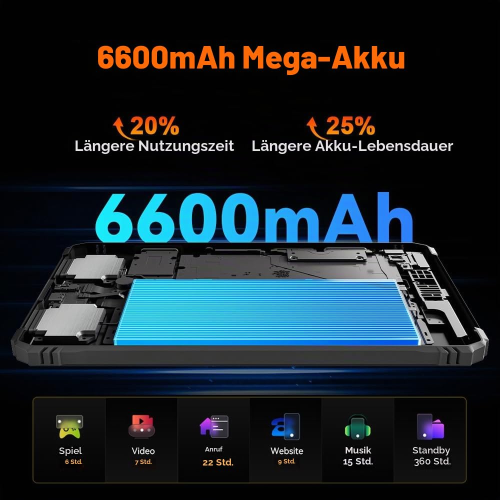 Blackview Active 5 Outdoor Tablet 8 Zoll, 24GB+128GB/2TB Tablet Android 15, 6600mAh Outdoor Handy, 16MP+13MP, 2 * 2W Lautsprecher, IP68/IP69K Wasserdicht,4G LTE,5G WiFi,OTG,NFC,GPS,Fingerprint,Orange