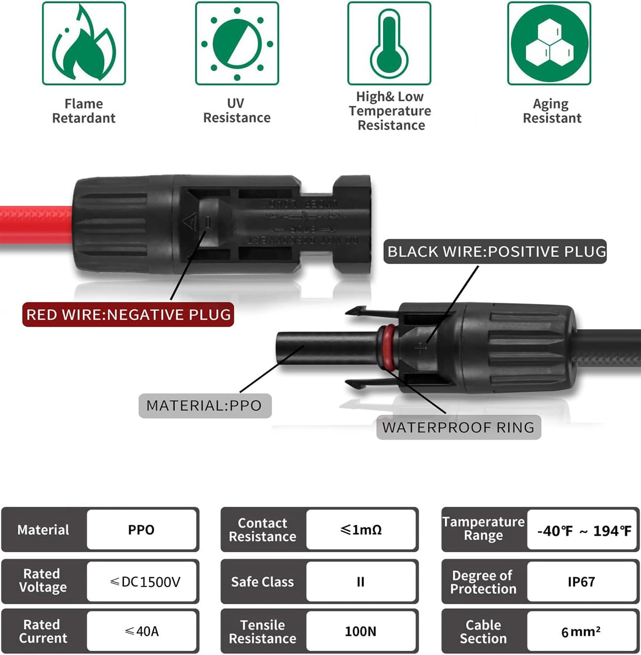20FT 10AWG Solar Extension Cable Kit With Connectors - Red & Black Wires For RV & Home Solar Panels
