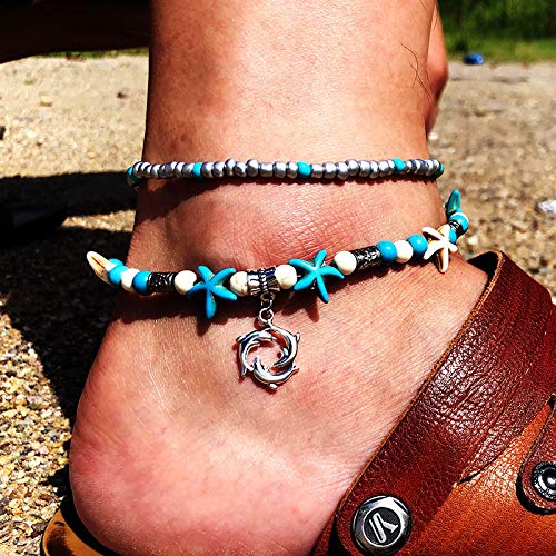 Image of Softones Blue Starfish Turtle Anklet Multilayer Charm Beads Sea Handmade Boho Anklet Foot Jewelry for Women