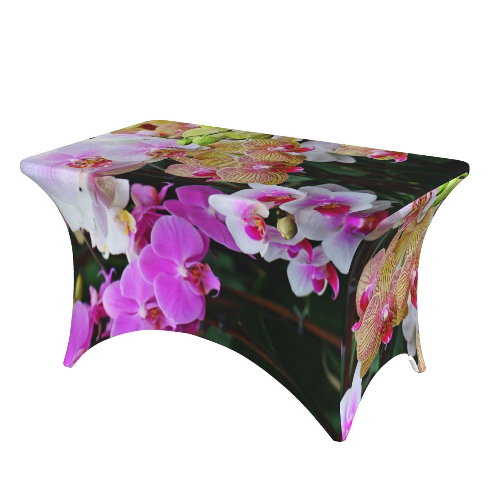 DCEHGEW 4FT Spandex Rectangular Table Cloth, orchids Printed Fitted Elastic Tablecloths Washable Table Cover for Event, Wedding, Banquet & Party