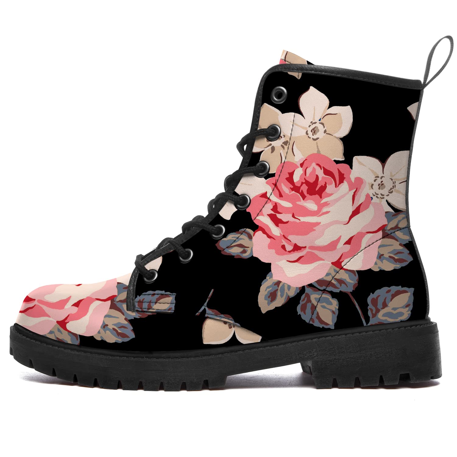 Klomax Rose Boots for Women Flower Combat Boots Lace-up Ankle Booties