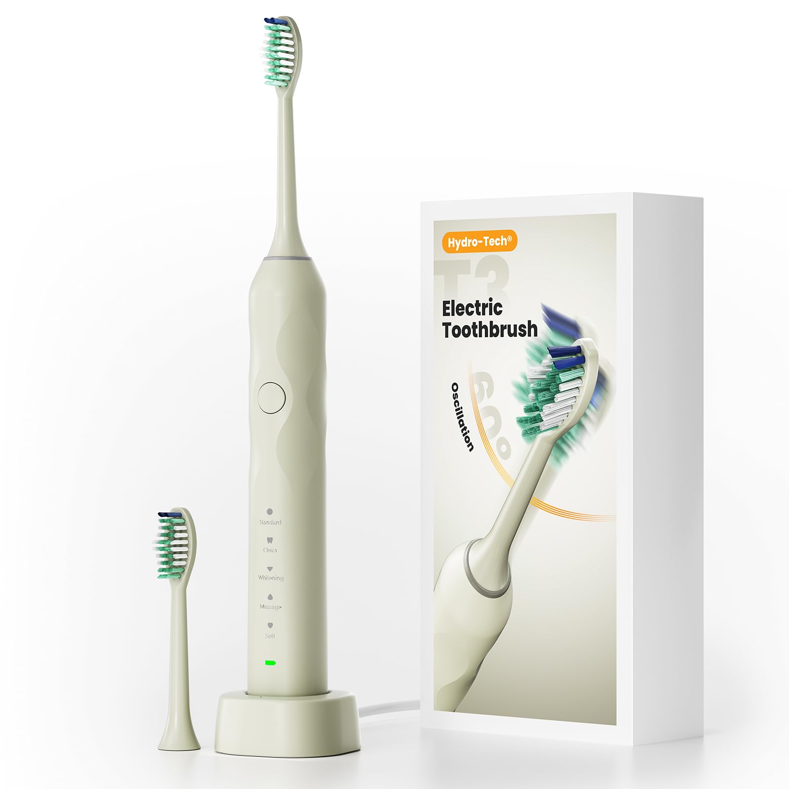 MIEUNUHH T3 White Wave Electric Toothbrush with 60° Oscillation & 5 Modes, Sonic Electric Toothbrush - IPX8 & Rechargeable with 2 Soft Brush Heads
