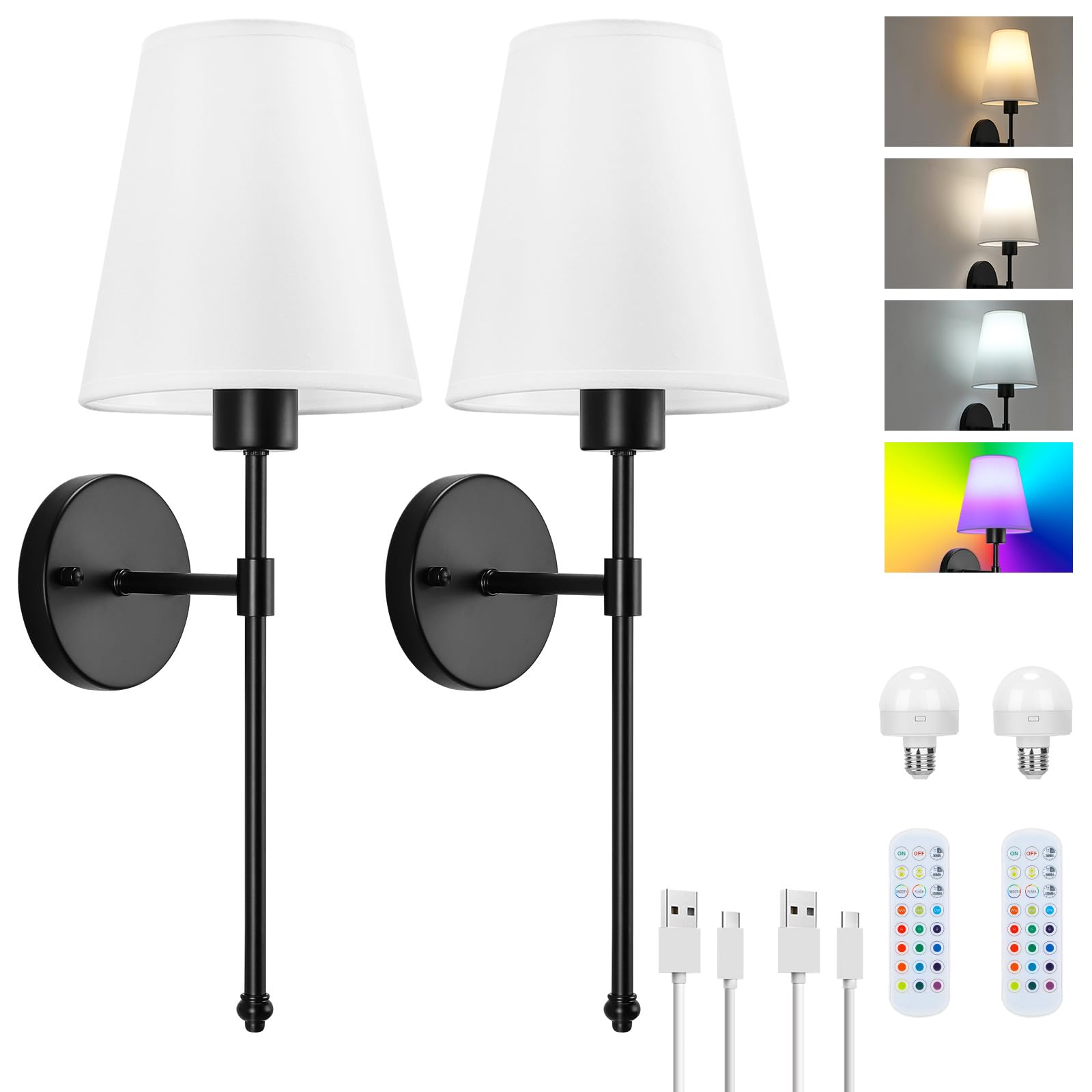 Lightess 2 Battery Operated Living Room RGB Dimmable Rechargeable Cordless Wall Sconce Touch&Remote Control Bedside Decor