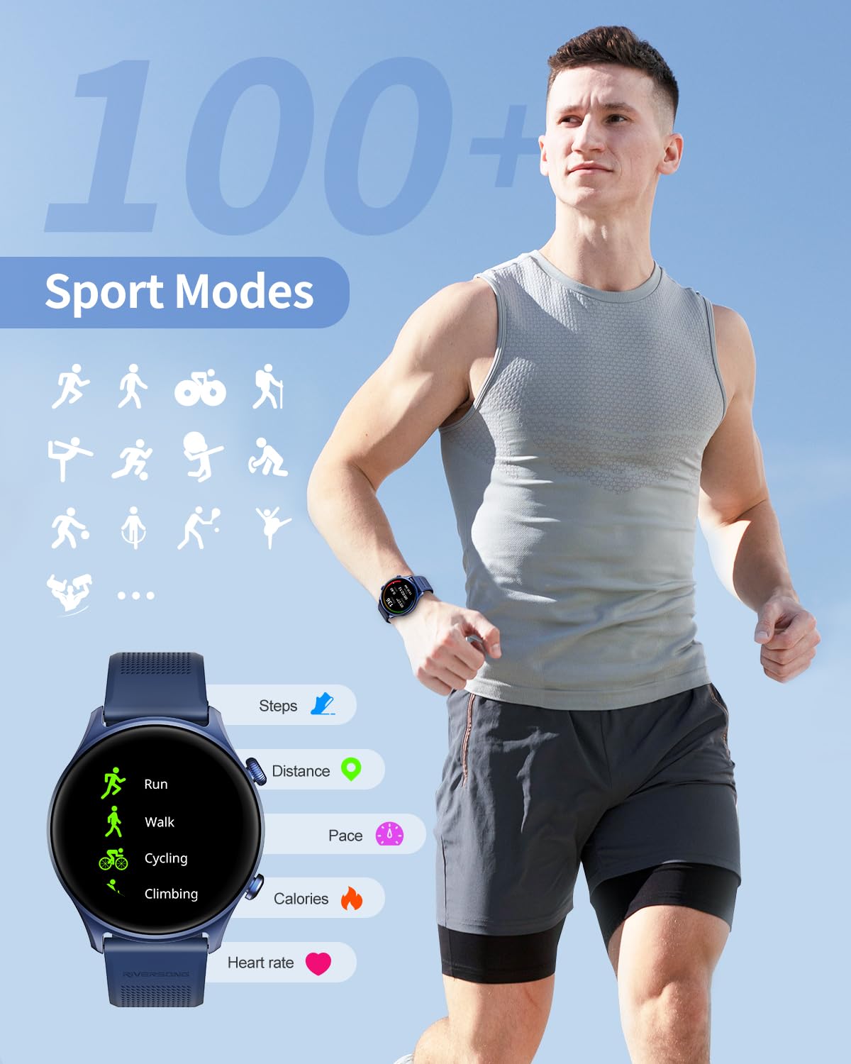RIVERSONG Smartwatch Uomo Donna con Effettua/Risposta Chiamate Compatibile, 1.52" Orologio intelligente con Monitor Tracker per Salute Fitness (Frequenza Cardiaca/Sonno/Ossigeno Sanguigno), Blu Navy