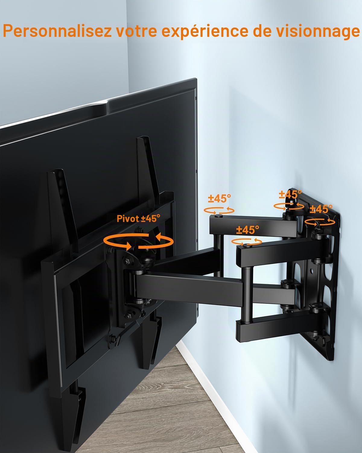 Support Mural TV pour Téléviseurs Plats et Incurvés LED LCD 26-65 Pouces, Fixation TV Murale Inclinable et Extensible avec Double Bras jusqu'à 45kg, Support TV Max. VESA 400x400mm