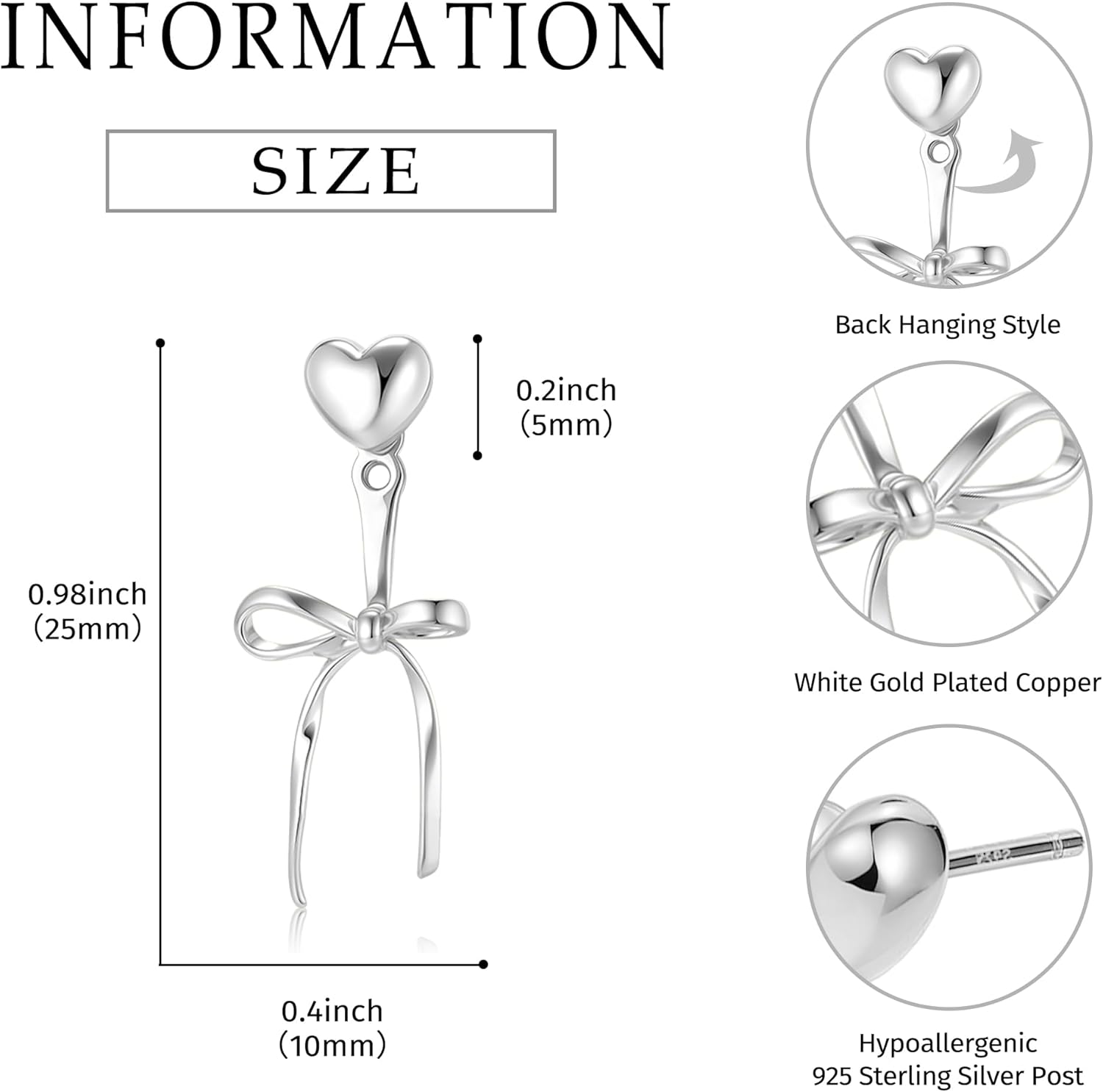 Small Pearl Bow Earrings for Women 925 Sterling Silver Post 14K Gold Plated Cute Bow Drop Dangle Mini Heart Pearl Stud Earrings - Image 5