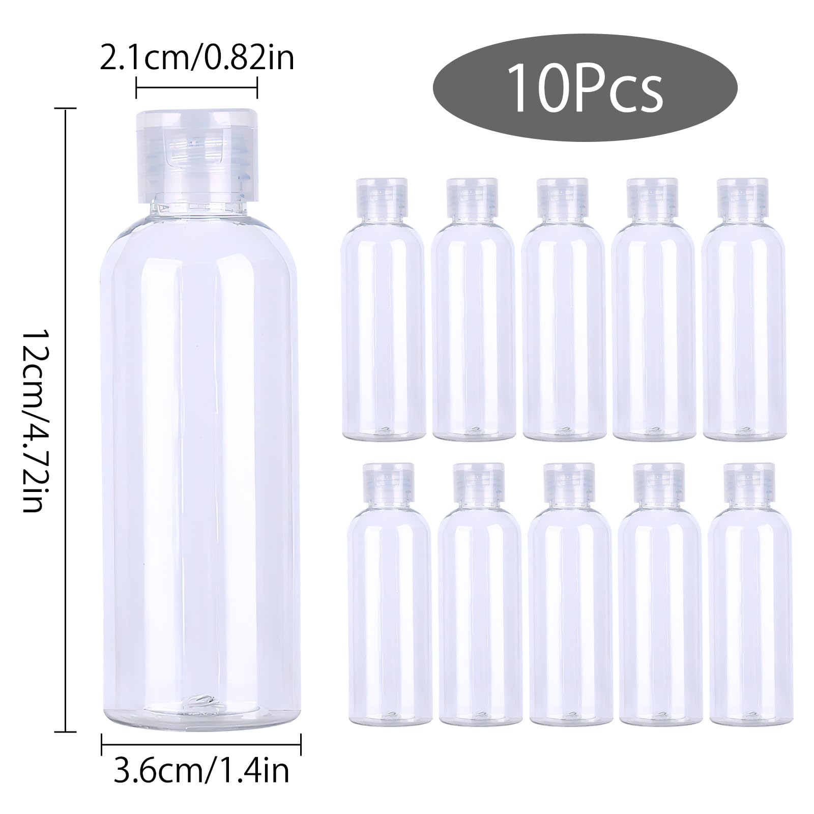 Juego de botellas de viaje 100 ml plástico transparente con tapa abatible 10 piezas para champú acondicionador loción