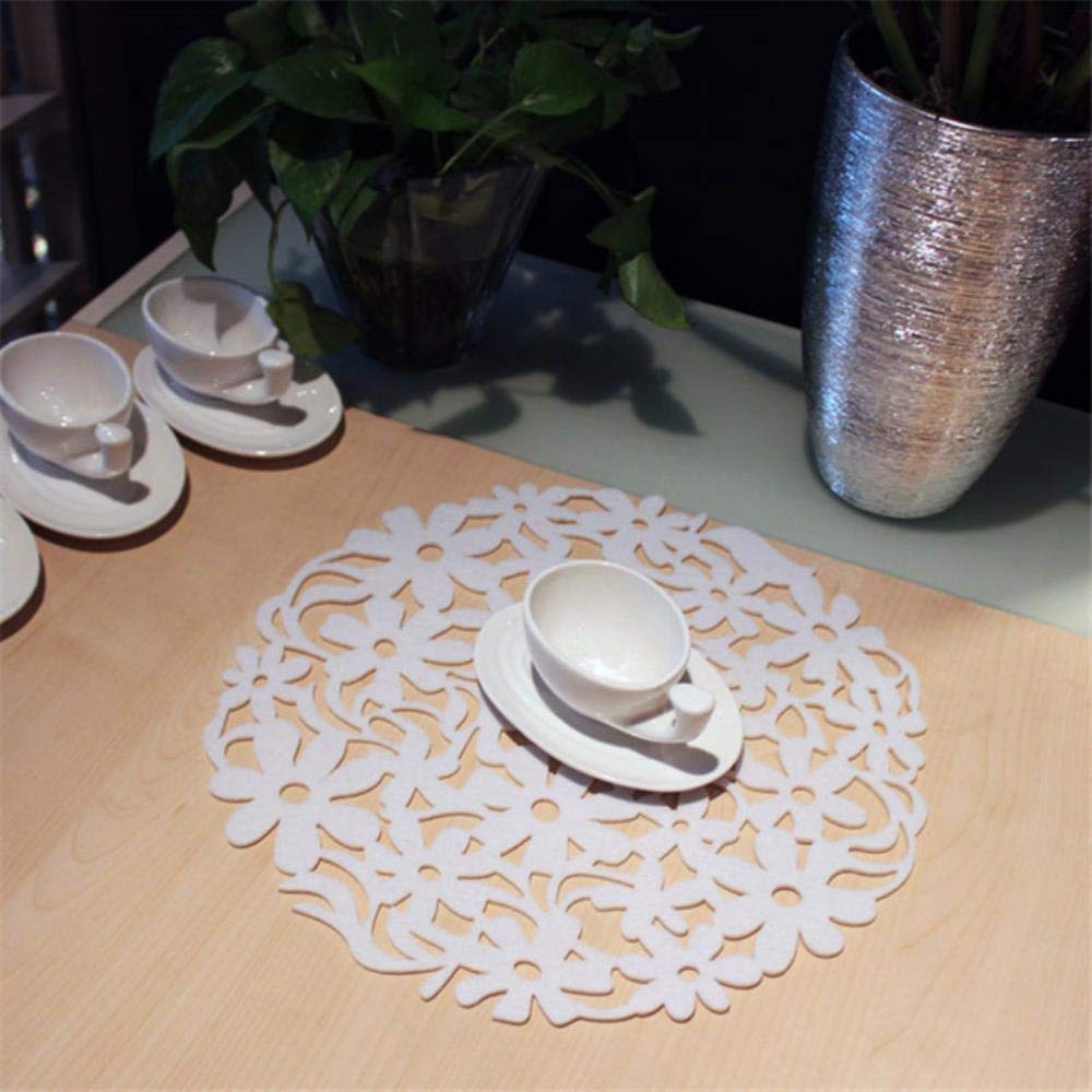 JIAYAN 1PC Creative Round Laser Cut Flower Felt coasters Kitchen Dinner Art placemats beautiful household hollow table cup mats,white,M