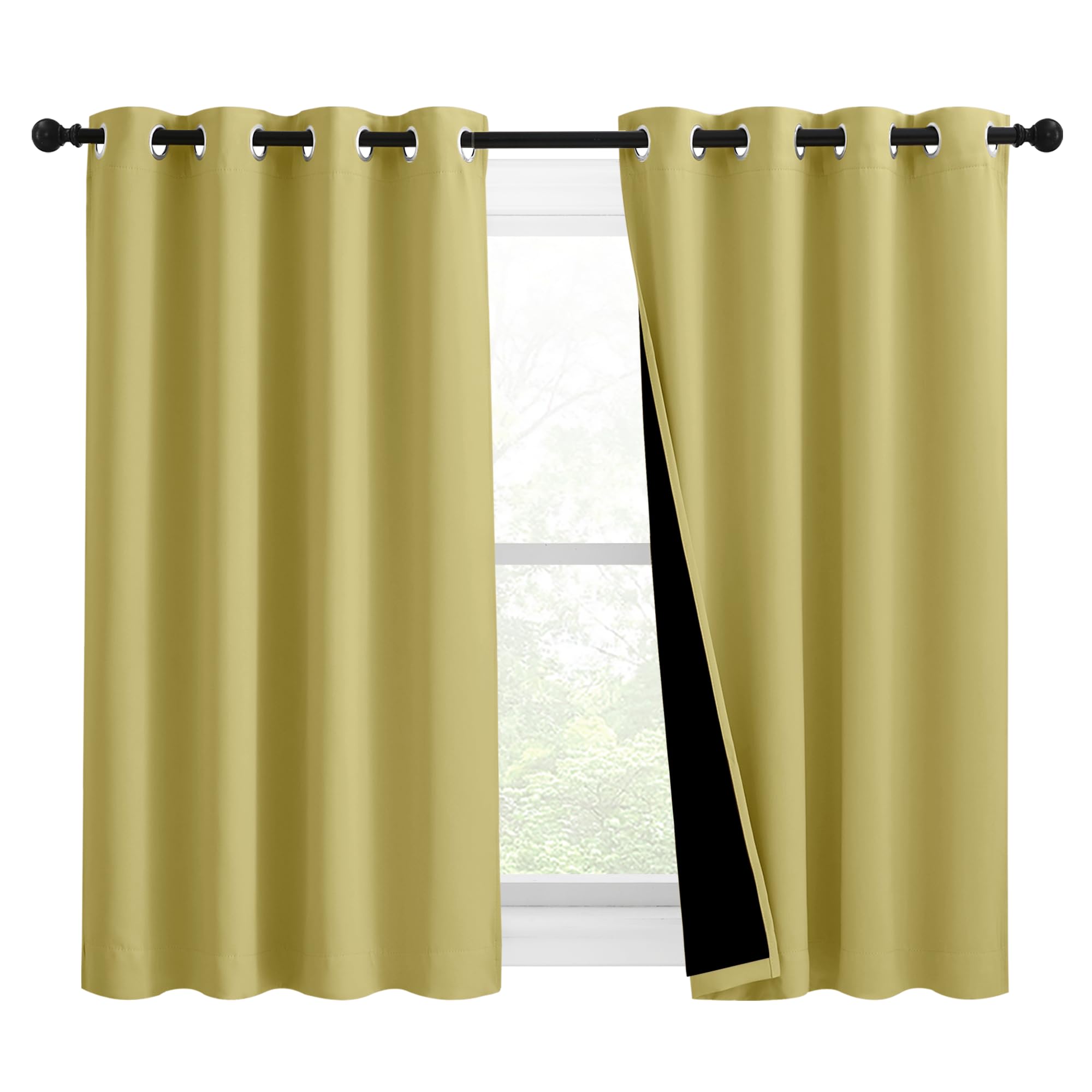 NICETOWN 100% Blackout Blinds, Set of 2, 46 inches x 45 inches, Laundry Room Decor Window Treatment Curtains for Large Patio Sliding Door, Thermal Insulated Paler Yellow Curtains for Bedroom