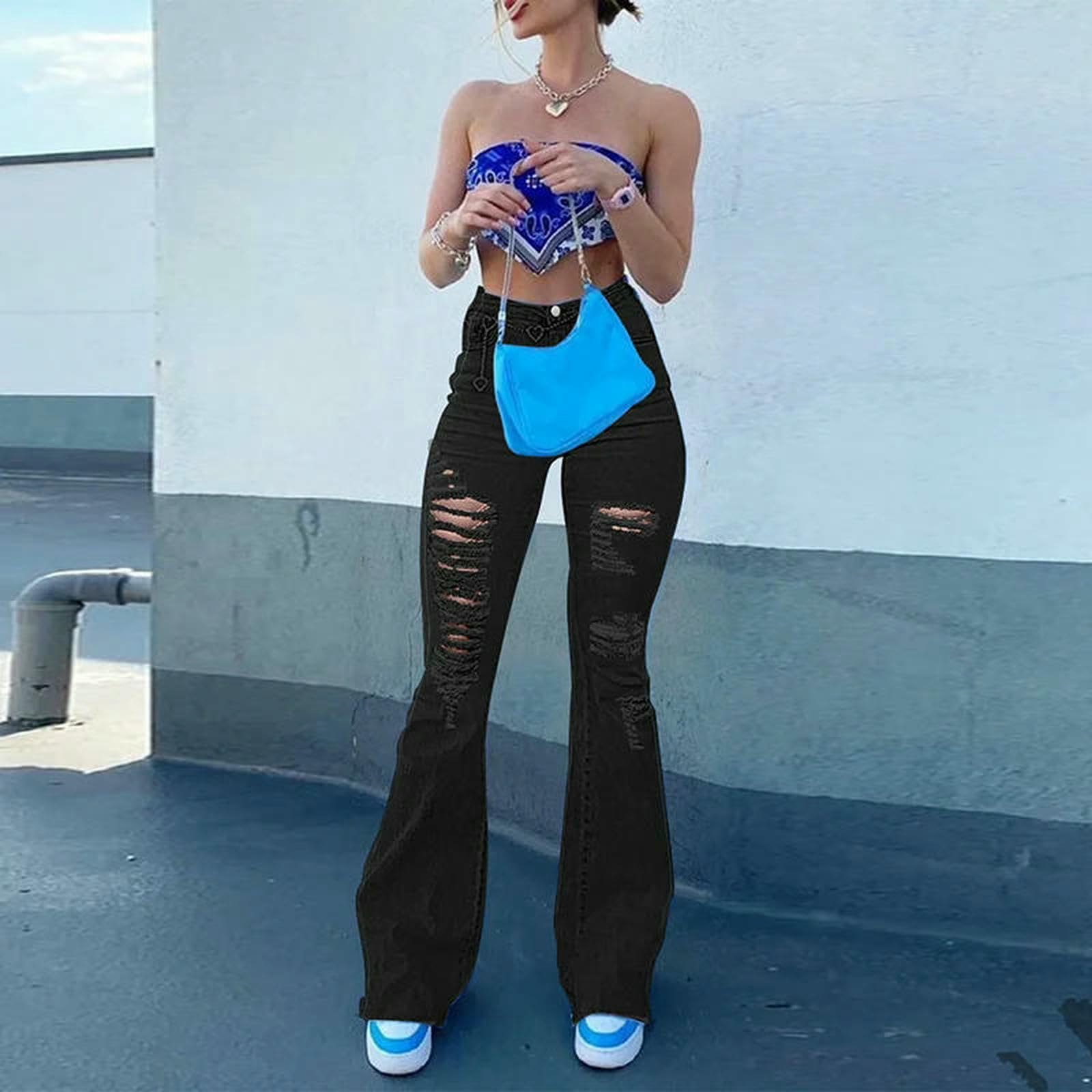 WANGQIQI Jeans Donna Strappati Neri A Vita Alta da Donna-Nero-XL