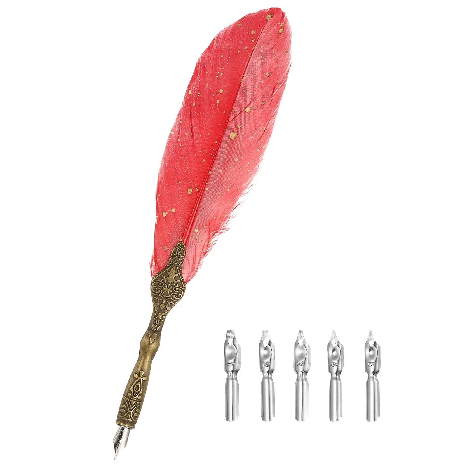 PATIKIL 24.5cm/9.6" Calligraphy Feather Quill Pen, Vintage Feather Dip Pen with 5 Replacement Nibs for Calligraphy Writing Wedding Office Gifts, Red
