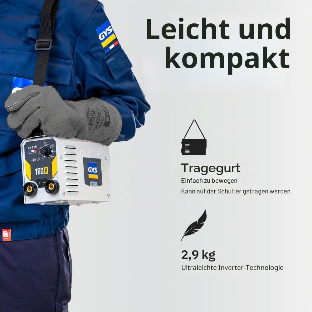 GYS, GYSMI 160 A, Schweißgerät mit überzogener Elektrode, 160 A, einphasig, 230 V (MMA), Arc Force, Antiticking, Hot Start, mit Elektrodenhalter, Massekabel