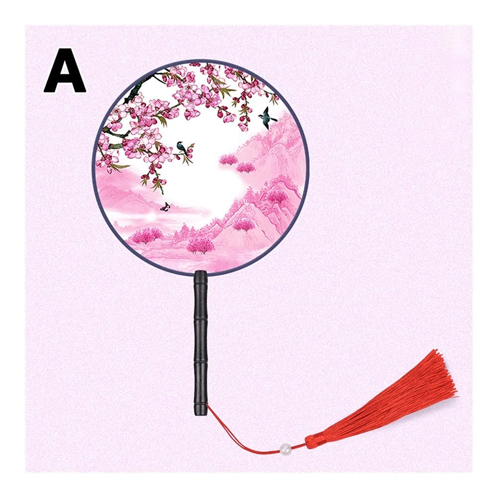 NZPOST Folding fan Chinese Japanese Style Hand Fan with Wooden Handle Portable Handheld Vintage Round Tassel Dance Fan Wedding Favors fan (A)