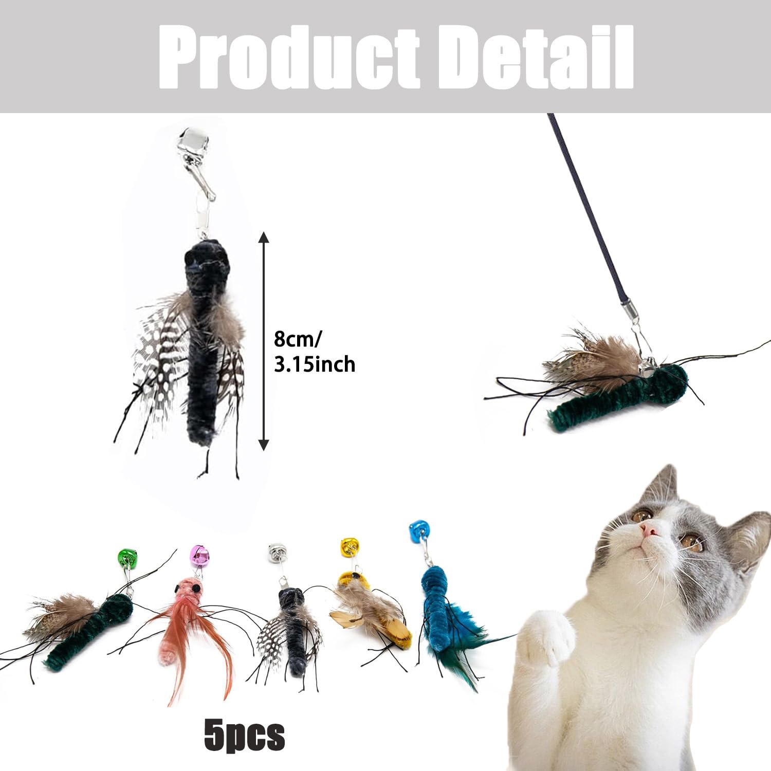 Hjvvr 5PCS Cat Wand Toy Refills - Interactive Feather Attachments with Bell & Insect Design, Teaser Replacement for Indoor Cats Kittens - Image 2