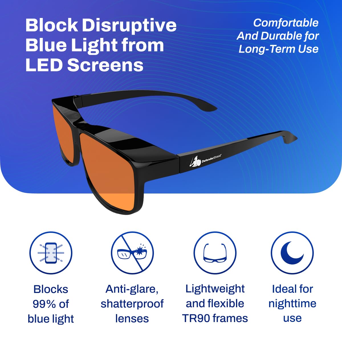 DefenderShield Gafas de bloqueo de luz azul de ajuste prémium: bloqueo superior del deslumbramiento de la pantalla del PC y del teléfono celular., Negro, 53-25.4-76.2