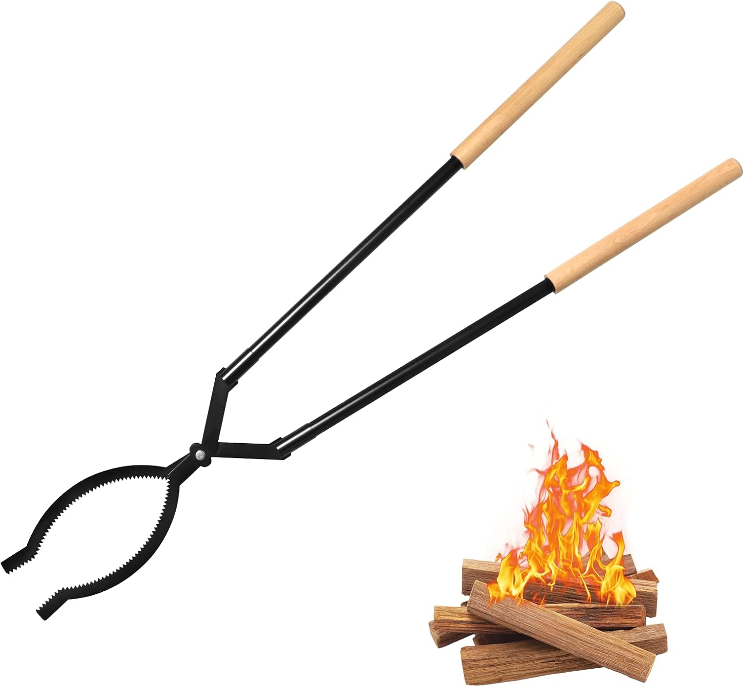 USENIOR 42" Heavy Duty Firewood Tongs - Adjustable 30-42" Serrated Log Grabber for Fire Pits, Fireplaces, Campfires