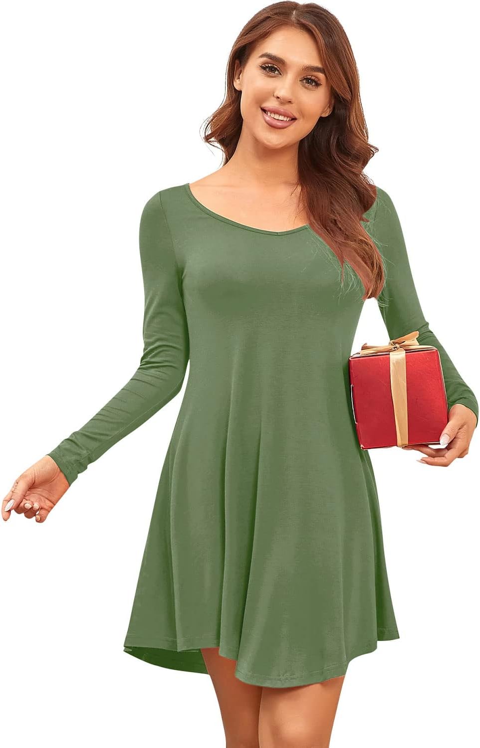 DEARCASE Women's T Shirt Dress Long Sleeve V-Neck Floral Print Casual Loose Flowy Swing Dresses Army Green X-Small