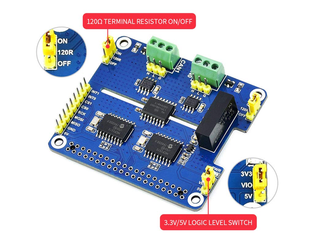 MCP2515 SN65HVD230 2-Channel Isolated CAN Bus HAT for Raspberry Pi, 3.3V/5V Jumper, 120Ω Resistor