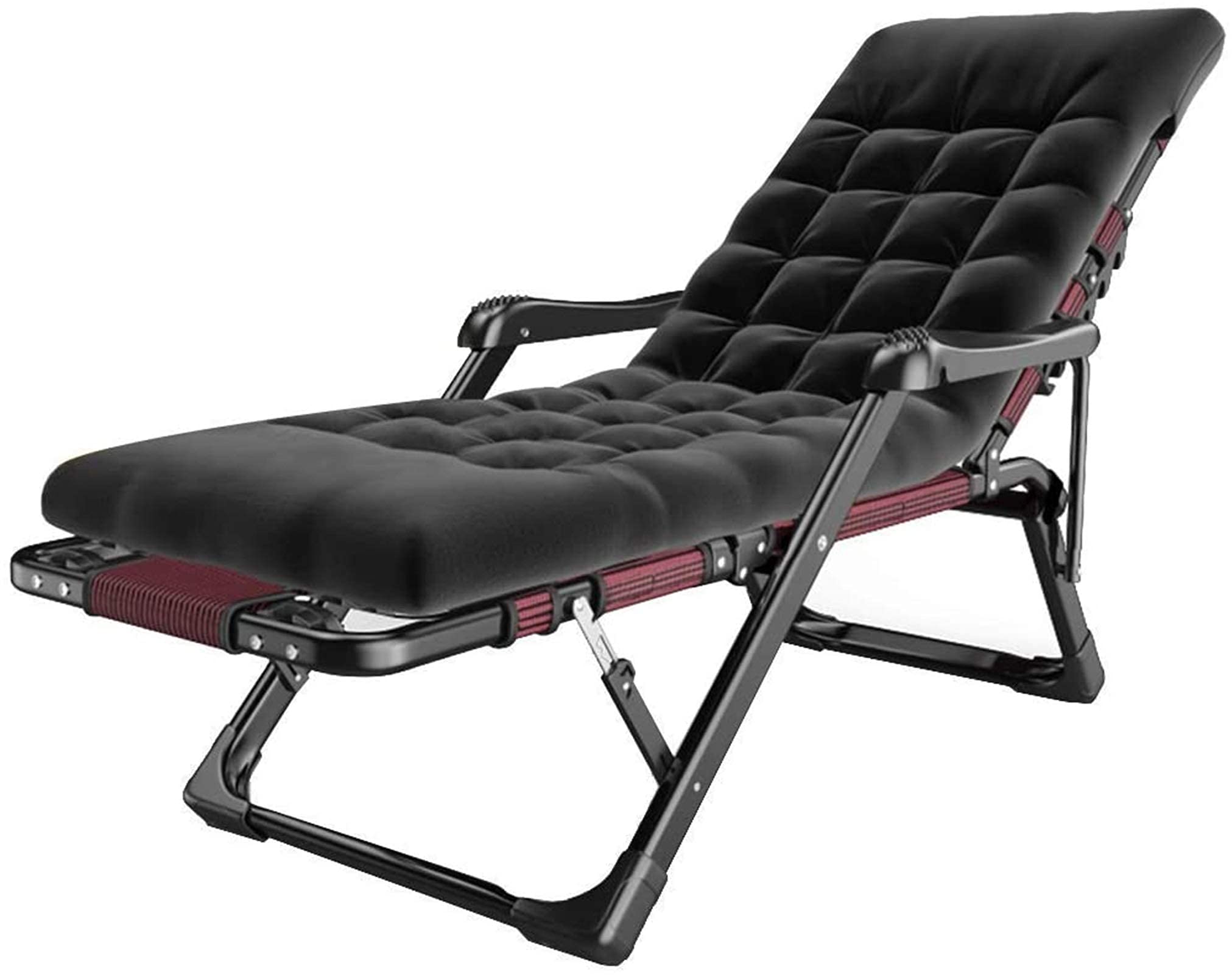 Chaise longue pliante inclinable noire avec coussins et repose-pieds extérieur