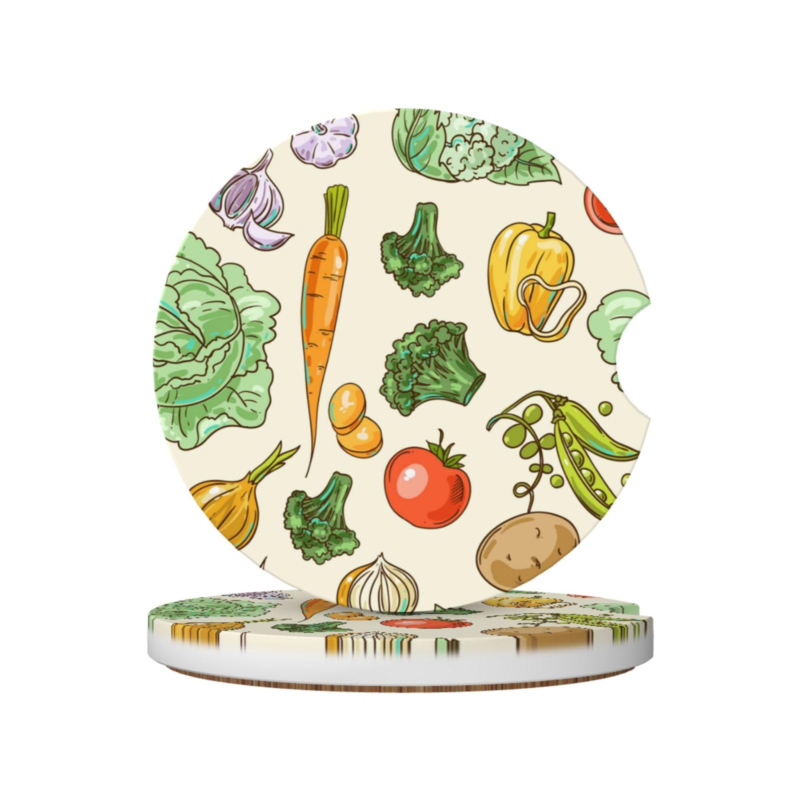 Beautiful Hand Drawn Vegetables, Car Cup Holder Coasters 2 Pack, Absorbent Ceramic Car Coasters with Non Slip Cork Base