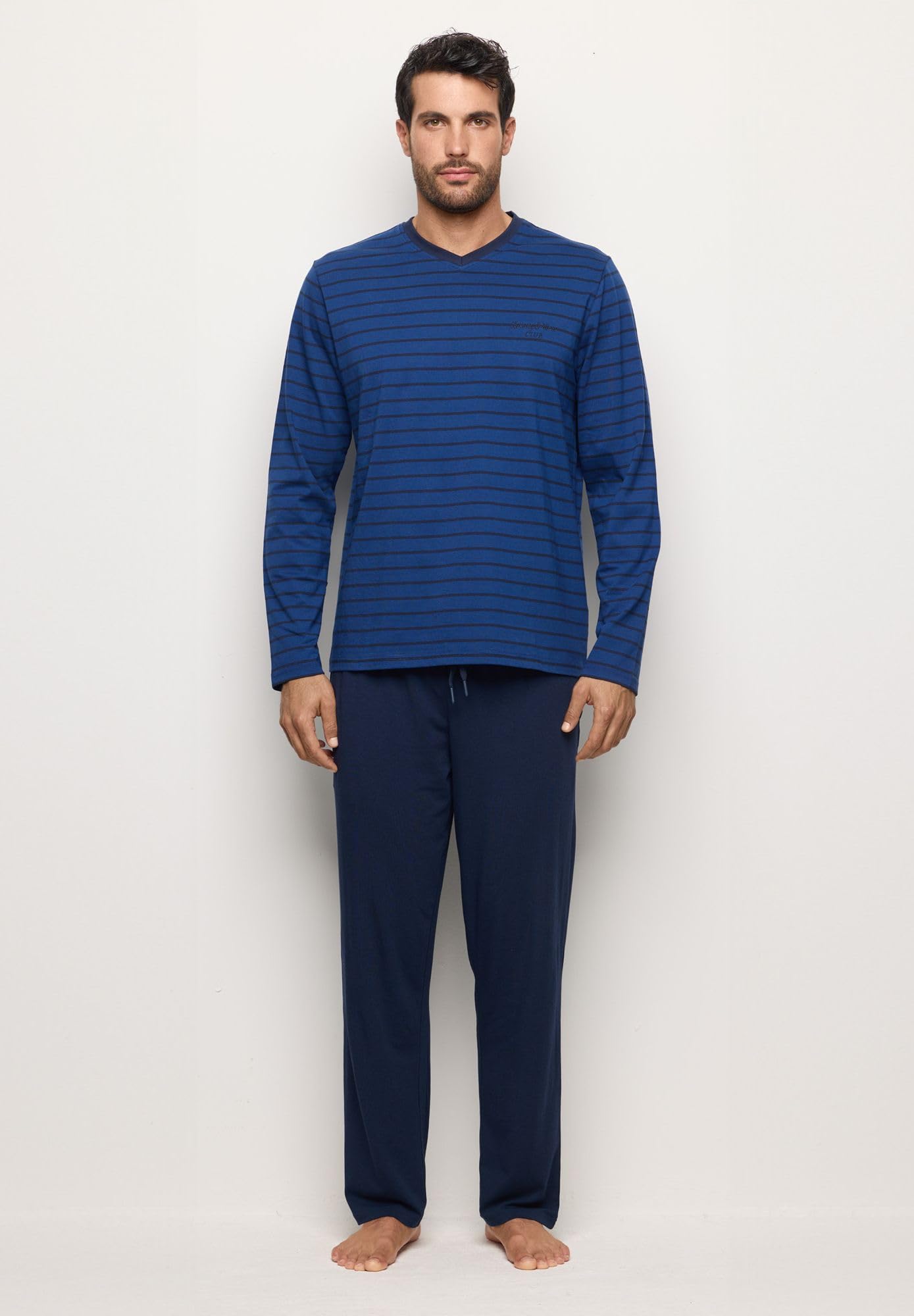YAMAMAY - Pigiama Lungo, Uomo, Blu e Azzurro, 100% Cotton, Maglia in Jersey Tinto Filo. Pantalone in Tela di Cotone, Righe