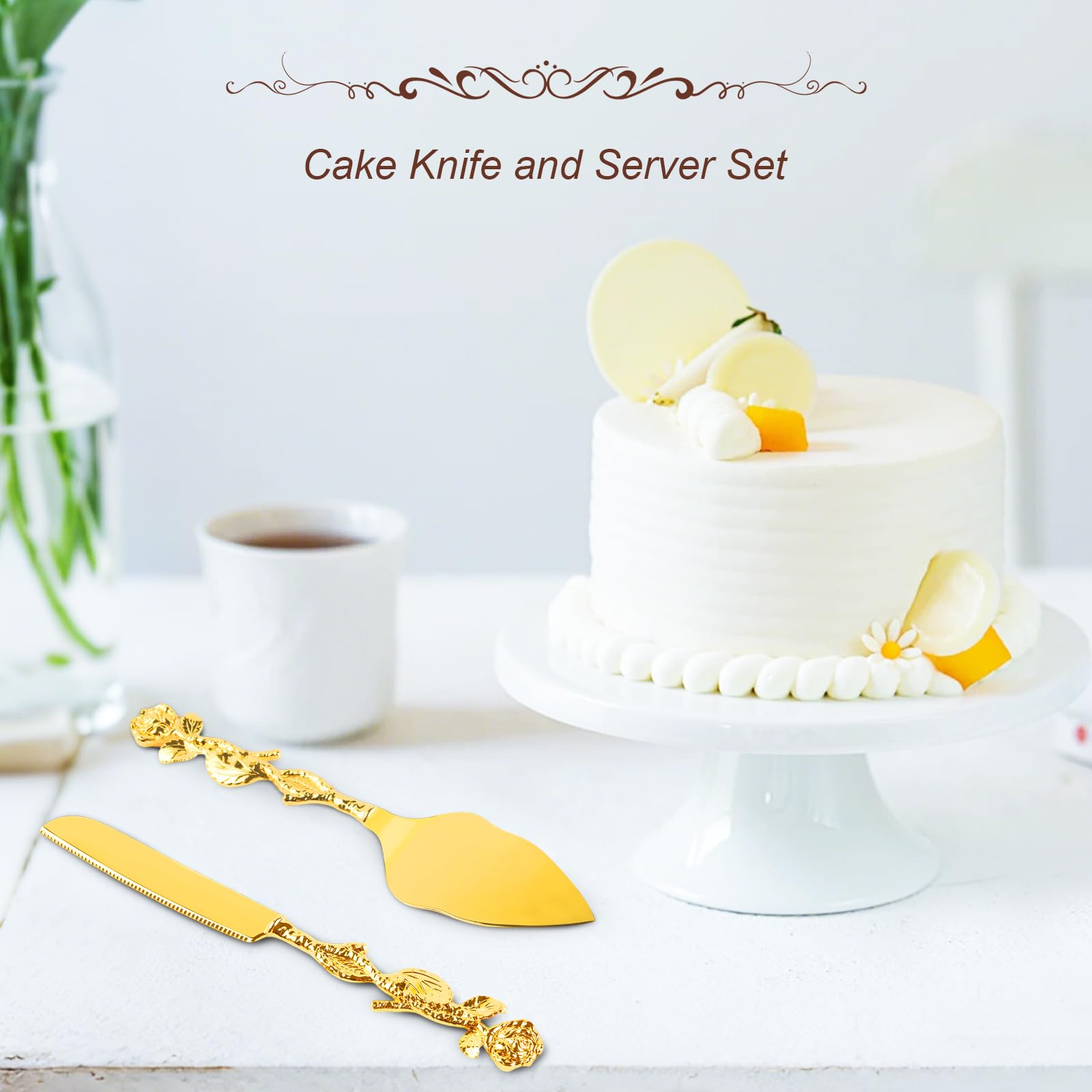 Gold Rose Cake Knife & Server Set - Vintage Wedding -6
