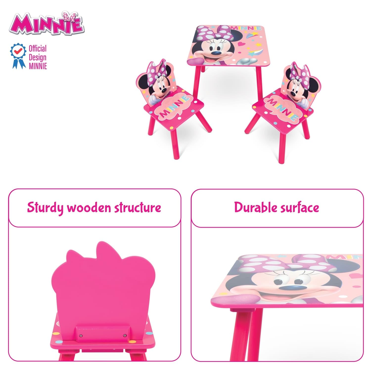 ARDITEX - Ensemble Table et 2 Chaises en Bois pour Enfants Licence Officielle Minnie Mouse - Table 50x50x44 cm/Chaise 26,5x26,5x50 cm - Rose - Idéal pour Jouer, Dessiner et activités manuelles
