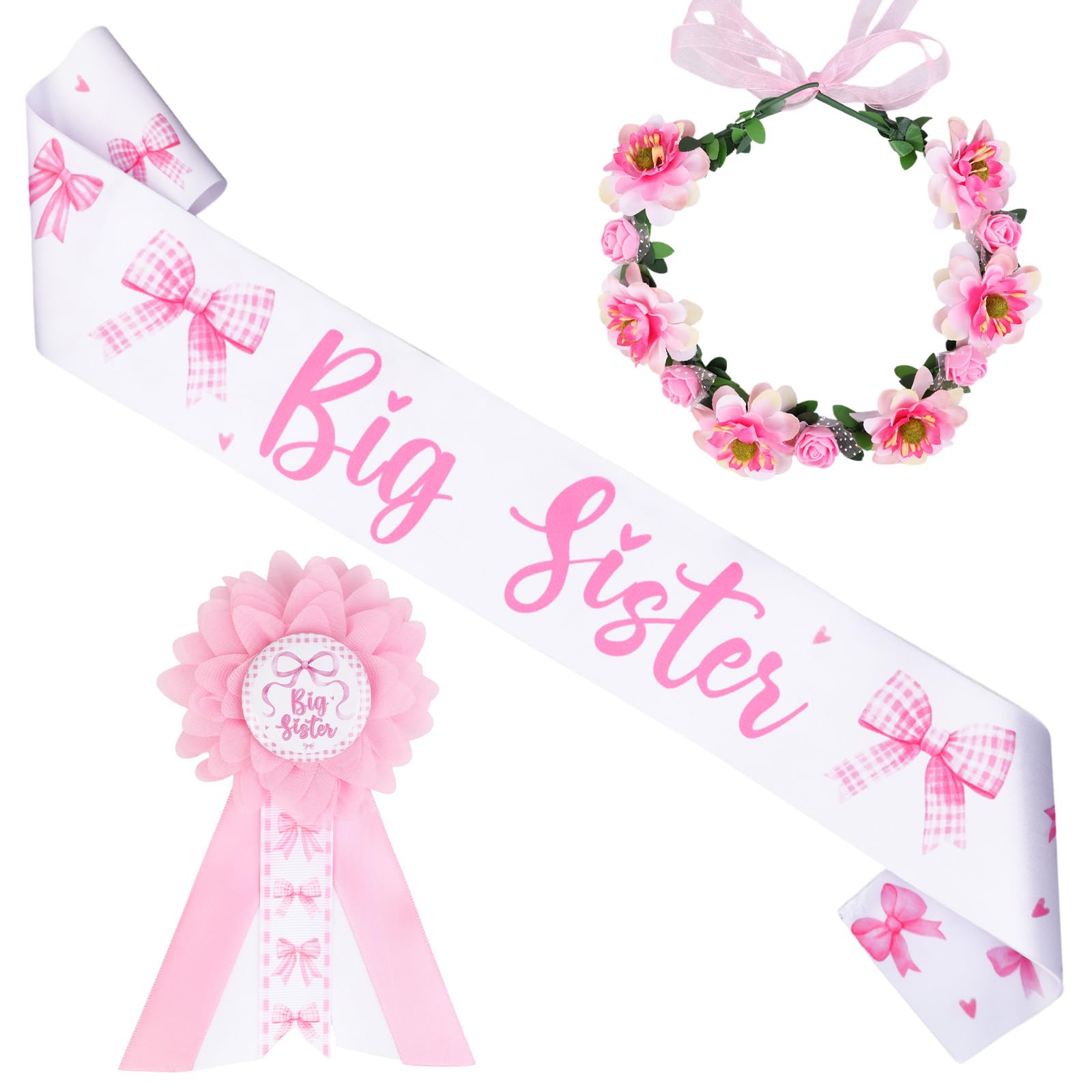Diartpanit Pink Bow Baby Shower Party Favor for Big Sister Pink Bow Big Sister Sash Corsage Pin Set Flower Wreath Announcement Gifts Bows Knot Baby Shower Gender Reveal Party Favor Supply Photo Prop