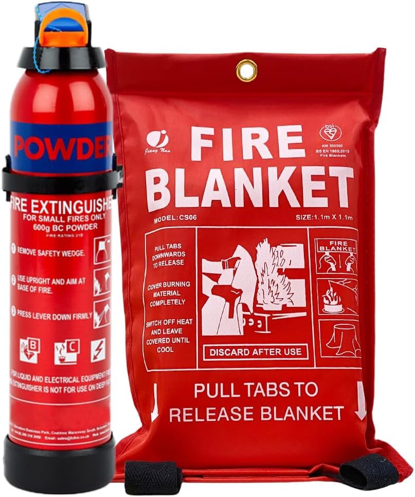 Small Home Fire Safety Pack Small 600g Aerosol Dry Powder Fire Extinguisher & 1m x 1m Soft Case Fire Blanket (600g Fire Extinguisher)