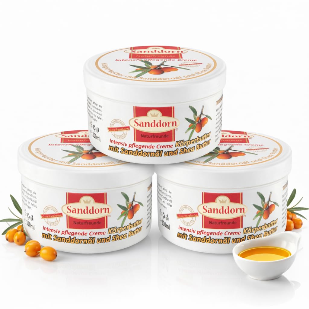 3-er Set Sanddorn Naturfreunde Körperbutter mit Sanddorn-Öl & Shea Butter, Intensive Pflege & langanhaltende Feuchtigkeit für trockene Haut, reich an Vitaminen & Antioxidantien – dezenter Duft