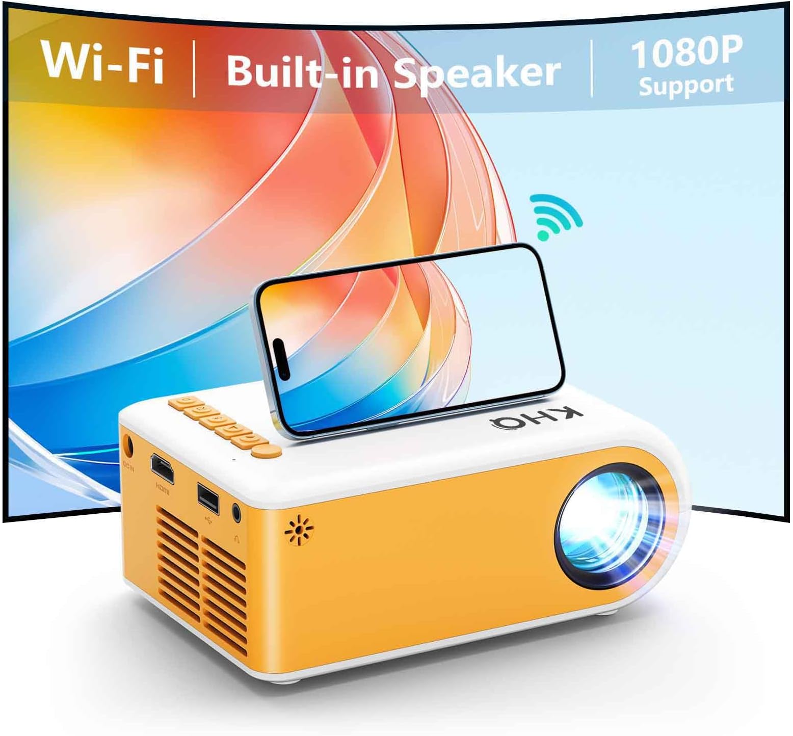 Wifi Mini Projector, Full HD 1080P Supported Portable Projector, Smart Projector for Outdoor Indoor Home Theater, Screen Mirroring for Smartphone, Compatible with Tablet TV Stick PS5 Roku Windows etc