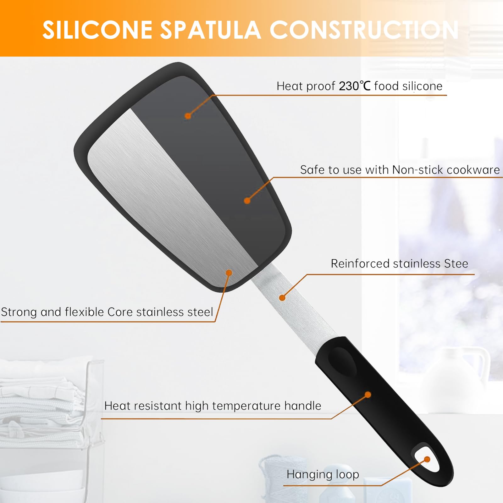 Spatola in Silicone per Cucina 2 Pezzi, Set di Palette da Cucina Flessibili con Anima in Acciaio per Padelle Antiaderenti, Resistente al Calore 230°C per Frittate, Bistecche, Pancake (Nero)