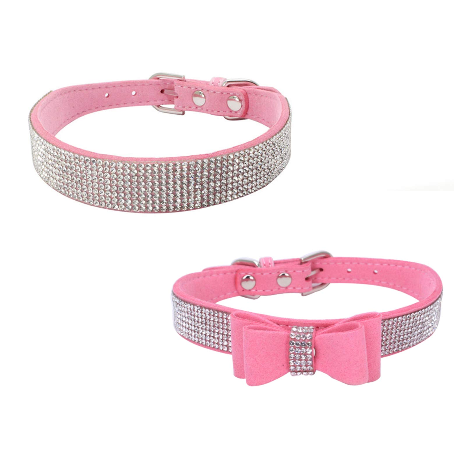 Newtensina 2pcs Stylish Dog Collar Set Soft Suede Bling Dog Collar with Bow Tie Puppy Collar for Small Dogs Cats