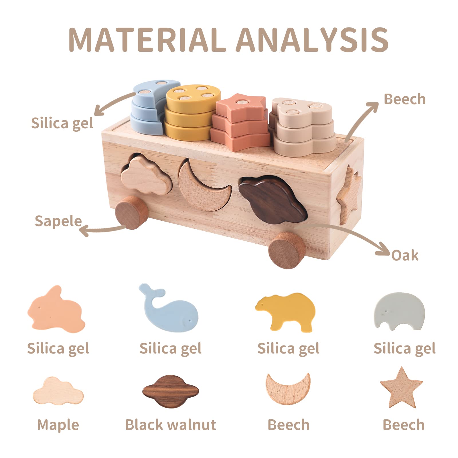 Samonyed Shape Sorter Toys for Toddlers 1-3 Montessori Toys for 1 Year Old 4 Games in 1 Baby Blocks Sorting Wooden&Silicone Educational Car Stacking Toys 1 2 3 Year Old Girls Boys Gifts