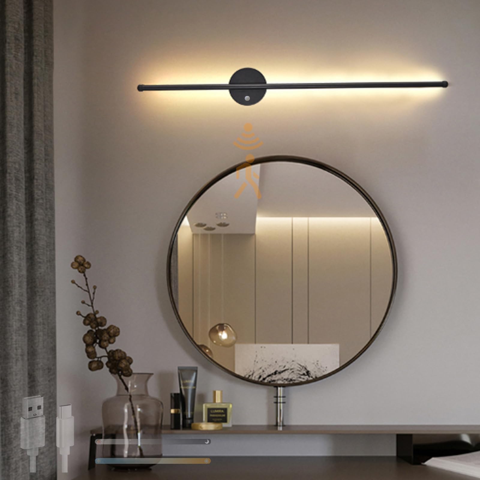 LED Interior Largo Aplique de Pared con 120° Sensor de Movimiento Lámpara de Pared Moderno USB Ricaricabile Luz Aluminio 2700K-6500K Regulable para Dormitorio (60cm,Negro)