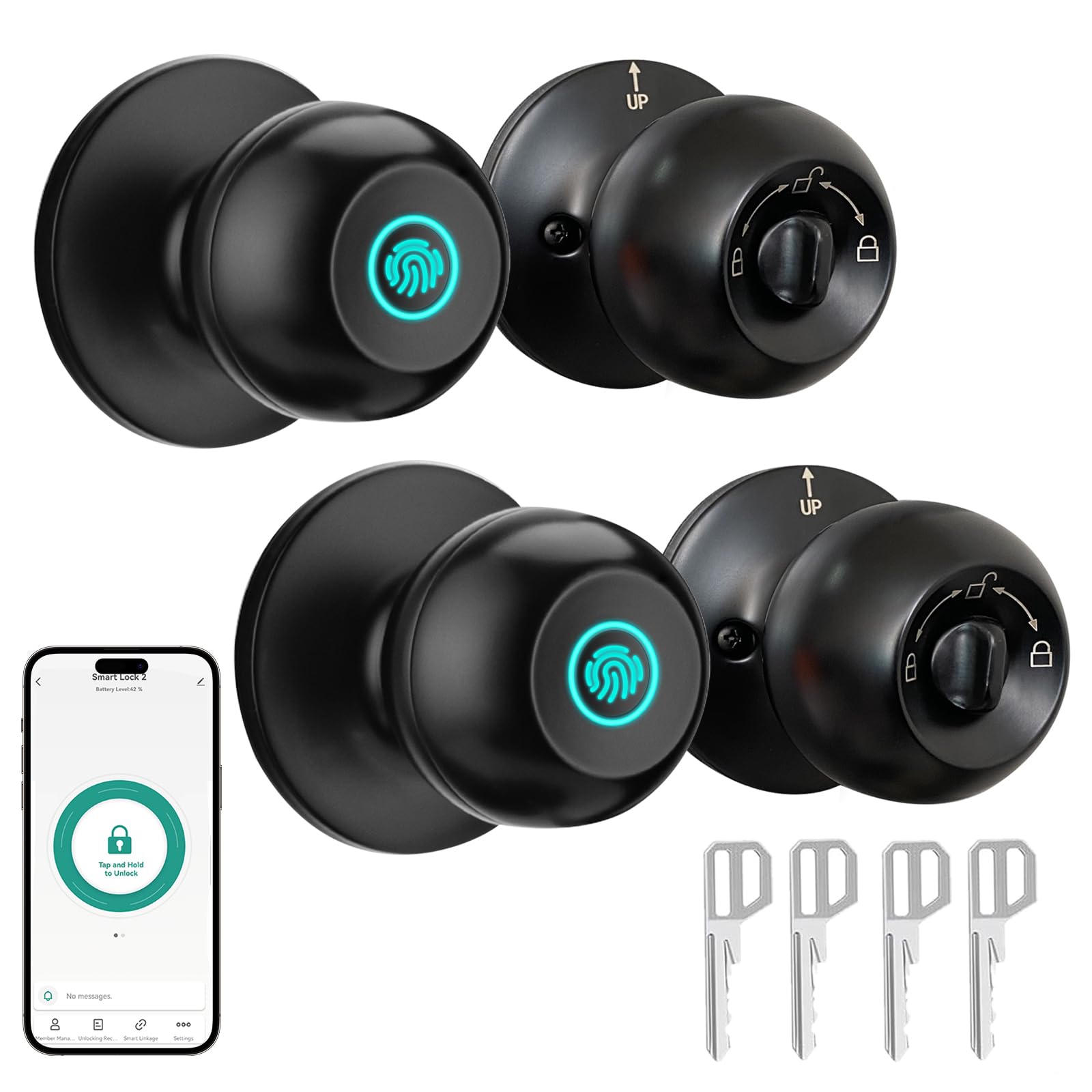 JO.KO 2 Pack Fingerprint Door Lock, Biometric with App Control & Key, Smart Door Knob for Bedroom, Entry Door, Keyless Finger Print Door Knob with Thumb Print Black, Different Keys
