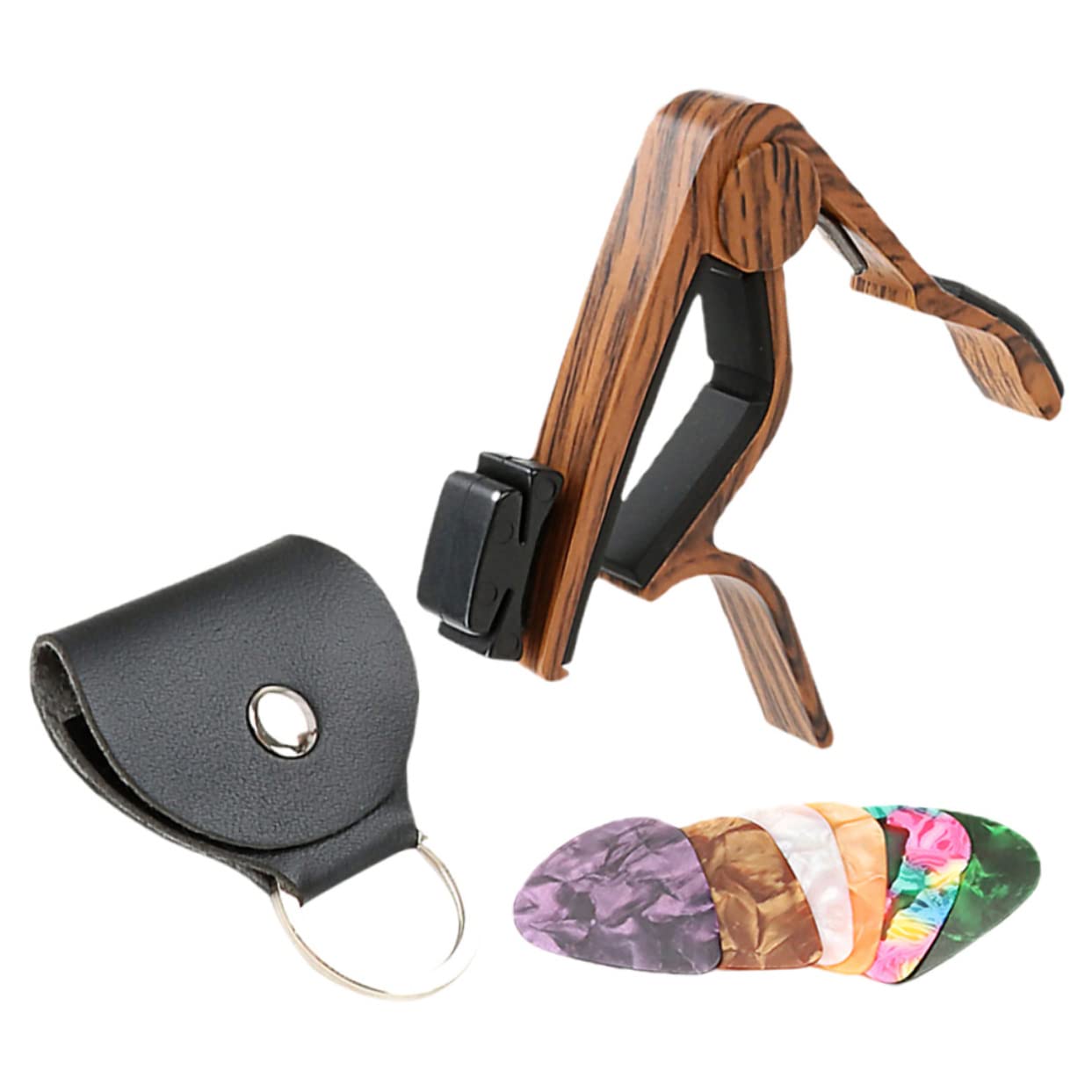 BESPORTBLE 1 Set Guitar Capo and Picks Set Portable Capo with Holder for Electric Guitar Banjo Ukulele Deep Grain Accessories for Musicians and Beginners