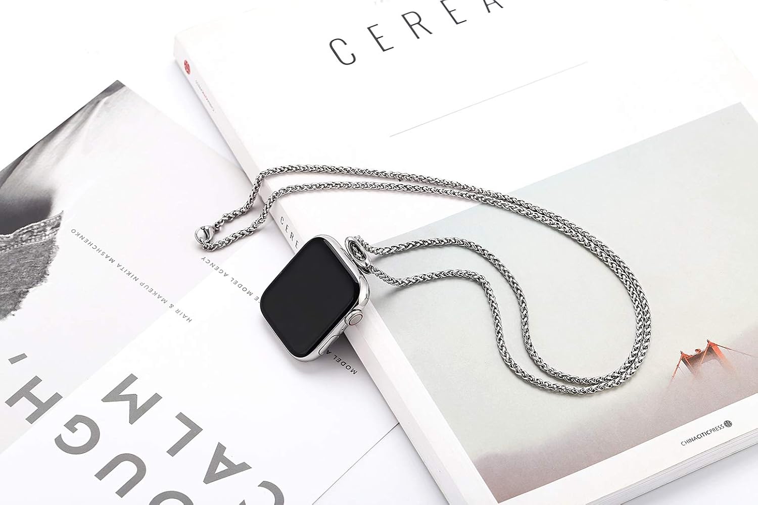 Necklace Adapter Pendant Compatible with Apple Watch, Infinity & Double Loop Connector Comes with 32inch Stainless Rollo Wheat Chain 3mm for iWatch Series 10/9/8/7/6/5/4/SE/Ultra 2/Ultra