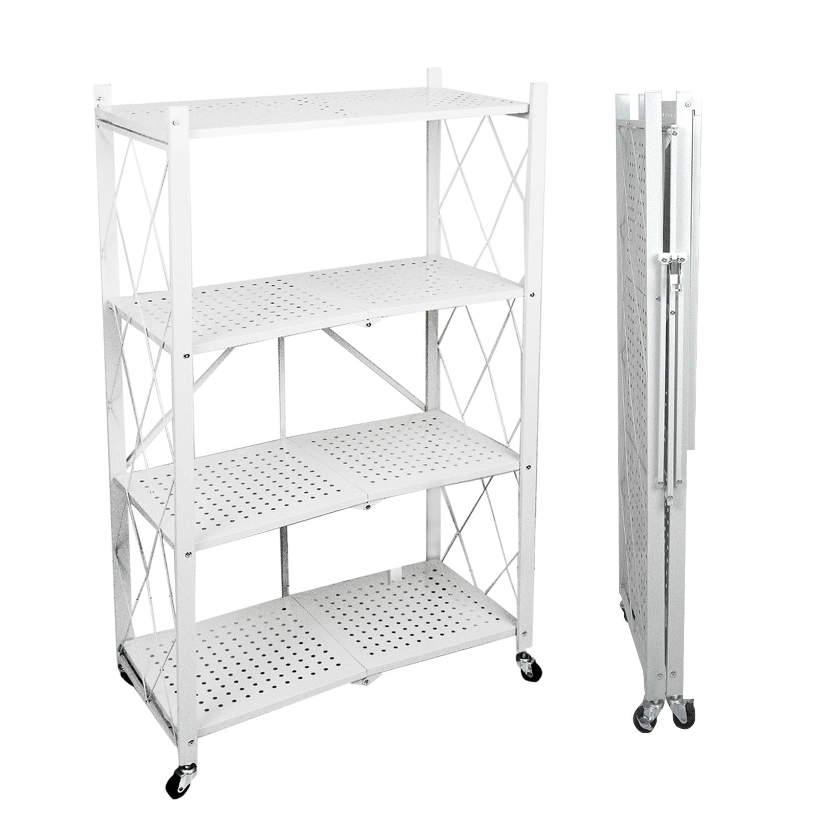 4-Tier Foldable Storage Shelves with Wheels, Folding Metal Rack Shelving Unit, Heavy Duty No Assembly Organizer Shelf for Garage, Kitchen, Pantry, Office, Bedroom (White, 4-Tier)