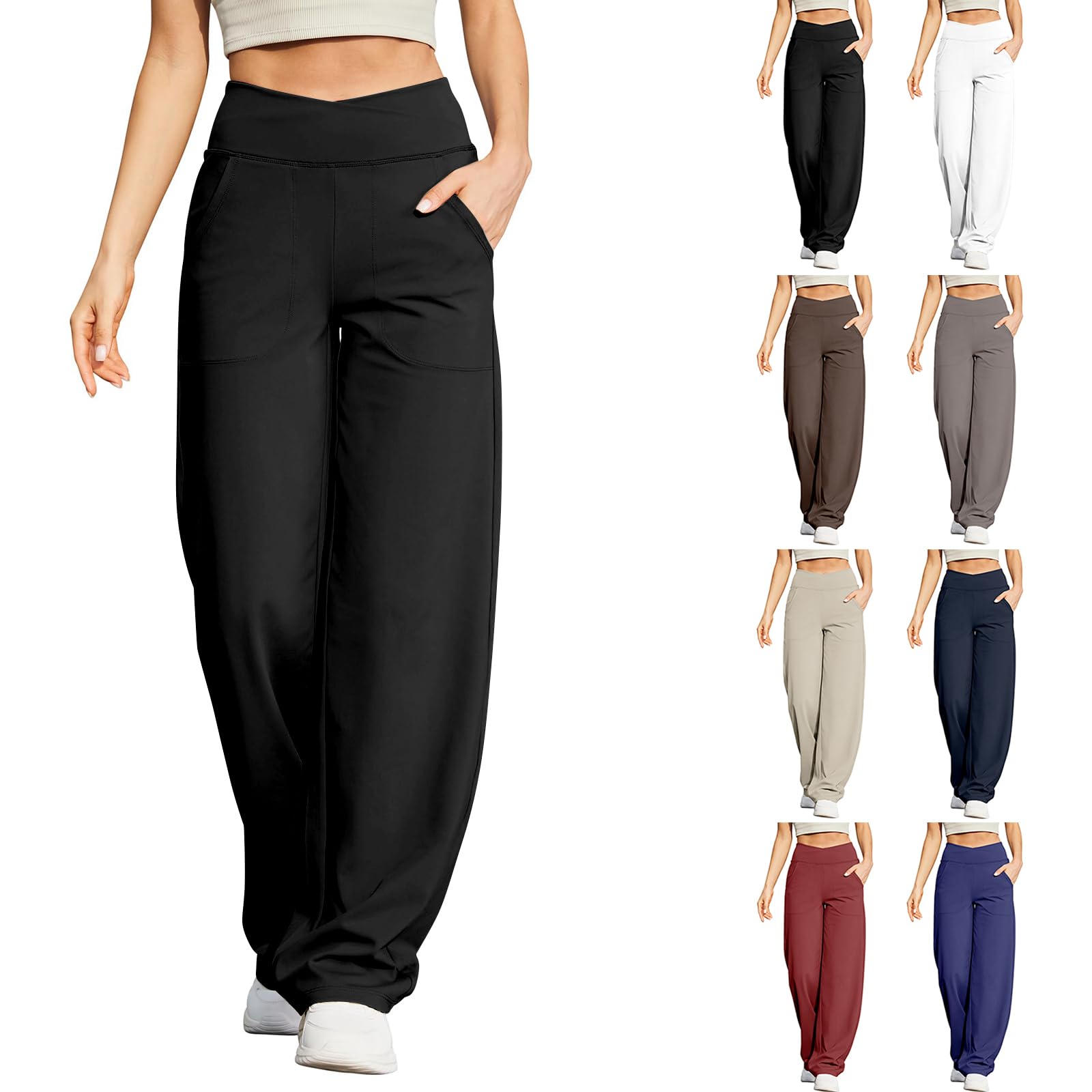 Wide Leg Yoga Pants for Women Crossover Yoga Pants with Pockets Tummy Control Flare Leggings High Waisted Elastic Waist Athletic Pants Stretch Workout Lounge Pants Black Yoga Pants For Women