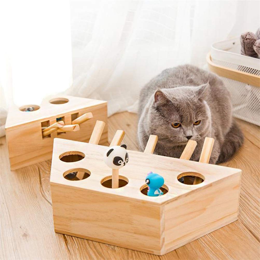 MU Gato Caza Juguete Chase Ratón Sólido Madera Interactiva Laberinto Mascota Hamster con 3/5-Holed Mouse Agujero Captura Mordedura Catnip Divertido Juguete,5 Hoyos