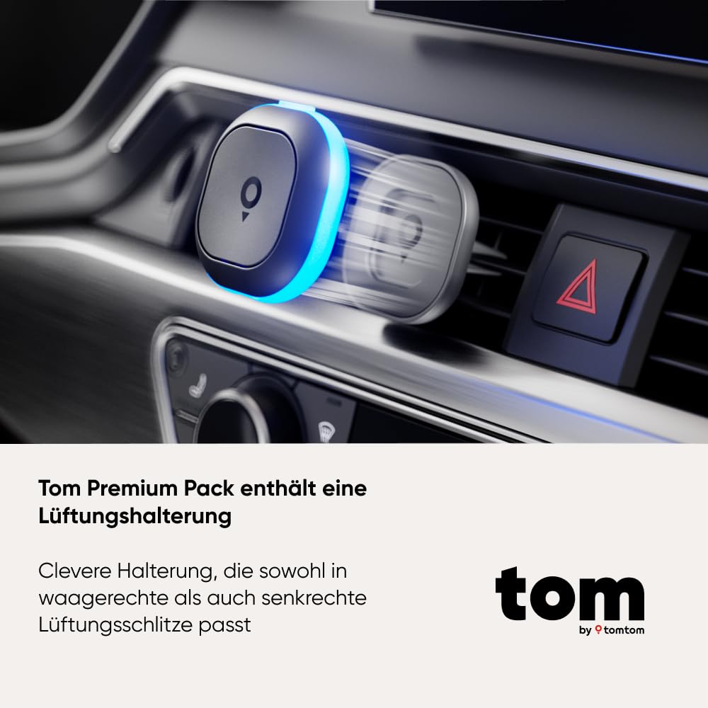 TomTom Verkehrsalarm Blitzerwarner für Auto – Warnt vor festen & mobilen Blitzern, Staus | Ohne ABO | CarPlay & Android Auto | Made in Europe | Tom by TT Premium Pack