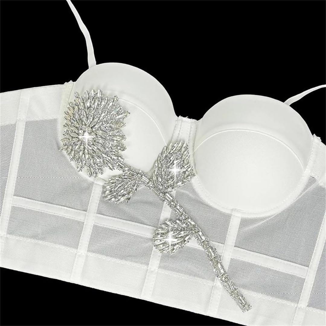 Yeuyyben Canotta da donna con strass e fiori, senza maniche, con schiena scoperta, aderente, elegante, estiva, alla moda