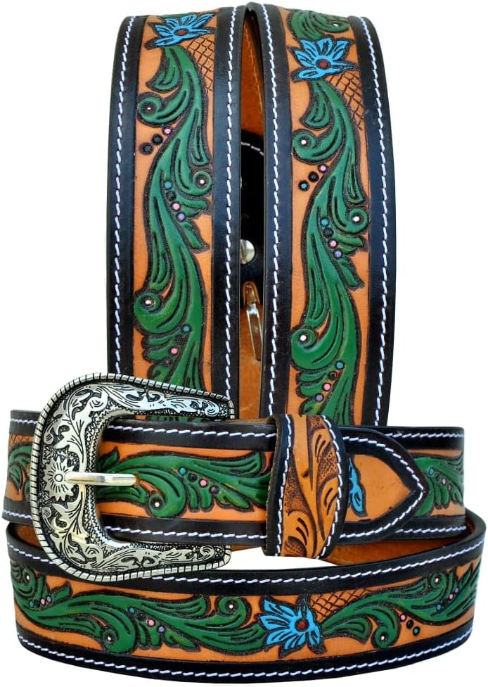 Affilare Western Genuine Leather Floral Tooled Casual Jeans Belt With Removeable Buckle 30AB108