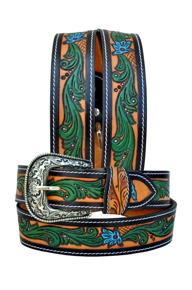 Affilare Western Genuine Leather Floral Tooled Casual Jeans Belt With Removeable Buckle 30AB108-30