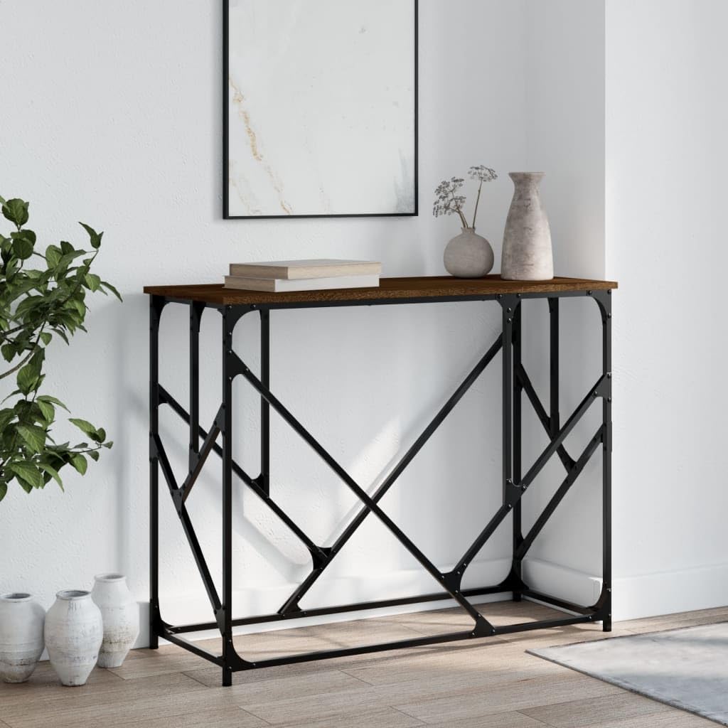 SXZenSpace Console Table Brown Oak 100x40x80 cm Engineered Wood & Metal Frame Industrial Chic Slim Hallway Accent with Adjustable Feet for Living Room Corridor and Bedroom