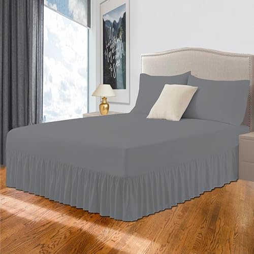 Easy Care Plain Dyed Polycotton Valance Sheet Super Soft Shrinkage Fade Resistant Frilled Valance Bed Skirts Extra Deep Fitted Valance Bed Sheets (Grey, Double)