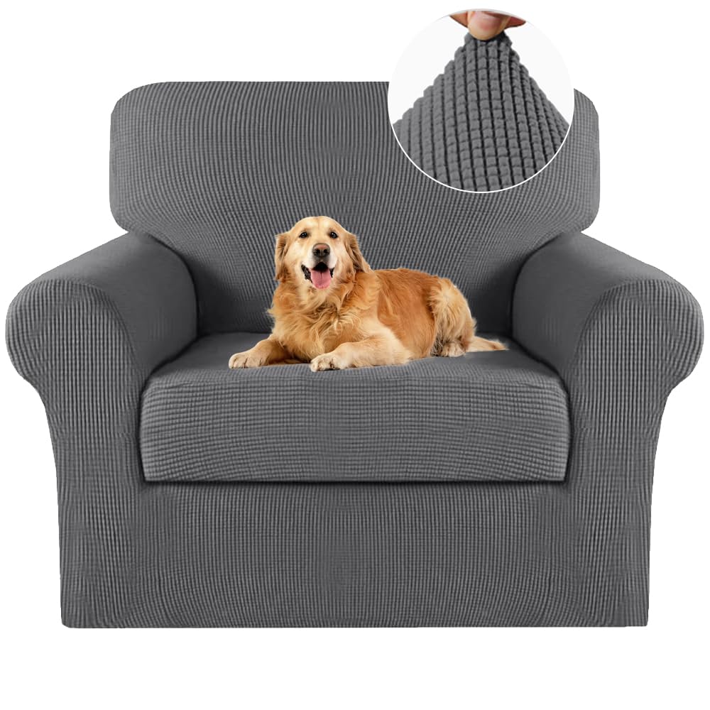 Turquoize 2 Piece Stretch Spandex Slipcovers Elastic Bottom Chair Couch Shield, Polyester Jacquard Fabric Small Checks Cover(Chair, Charcoal Gray)