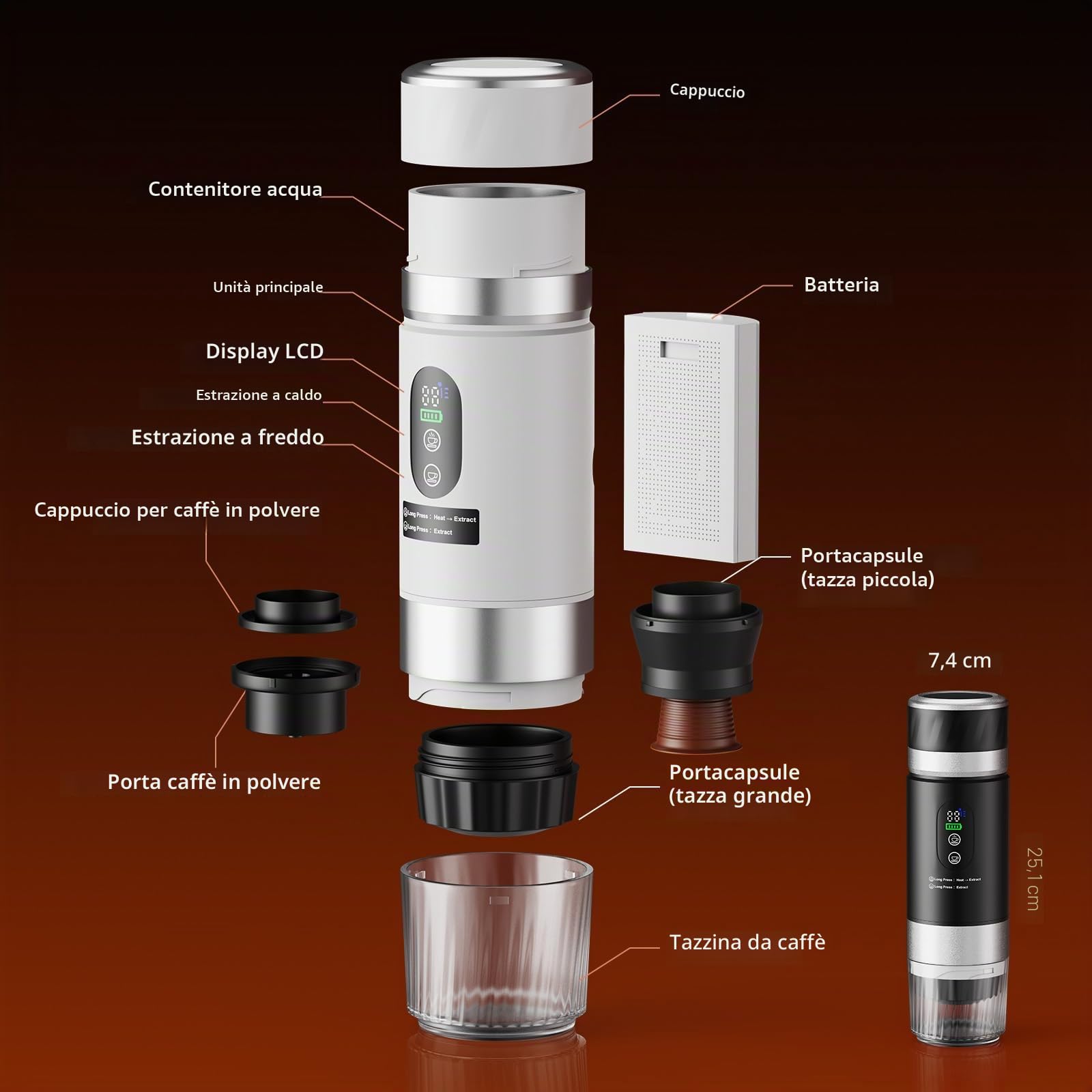Macchina Caffe Portatile, Caffettiera Portatile 3-in-1 con batteria 2 x 7500 mAh,20 Bar, Autoriscaldante,USB-C,Piccola Macchina da Caffè 3 in 1 con Caffè Macinato e Capsule (NS & DG) per Camper