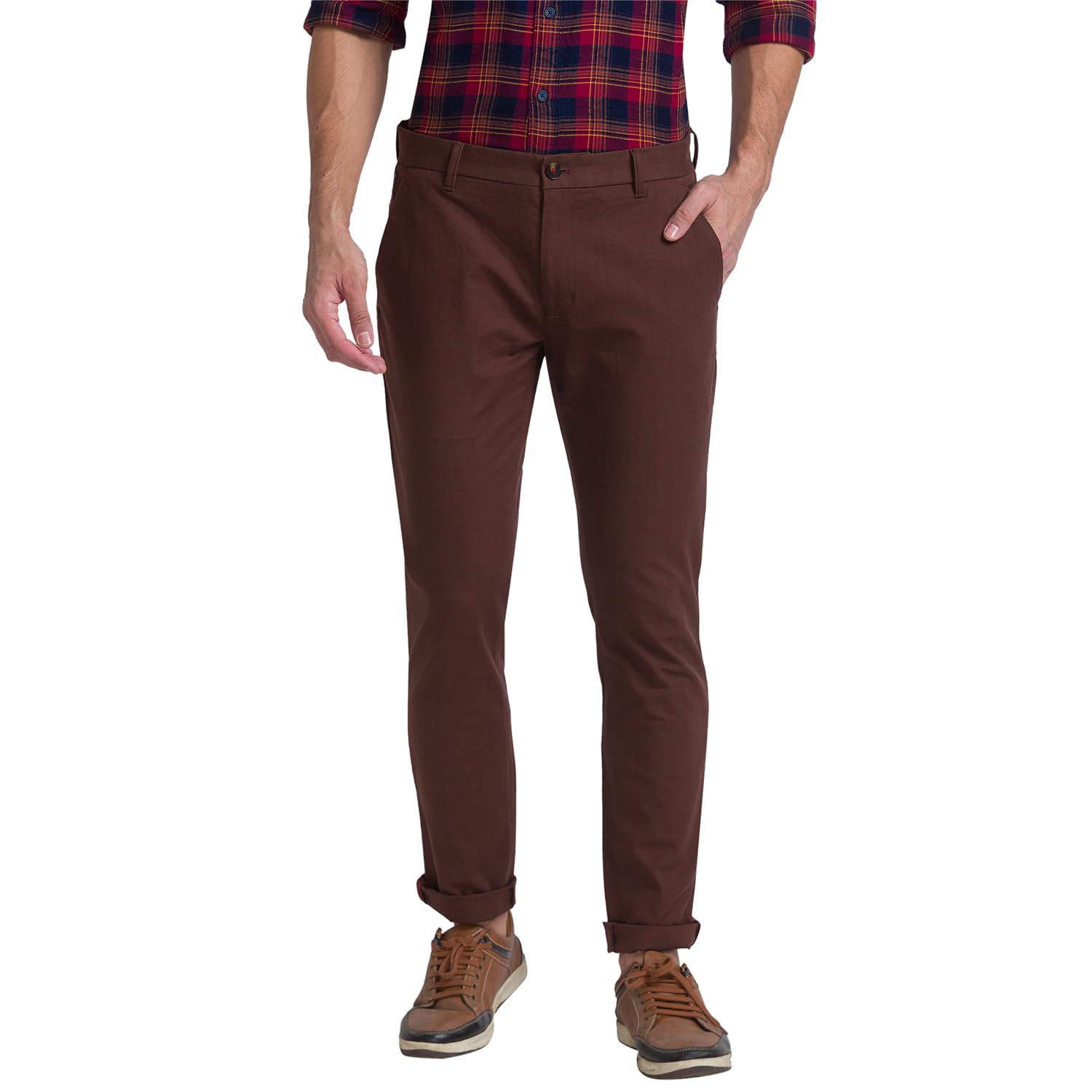 Men's Cotton Blend Checks Pattern Slim Fit Flat Front Chinos-image-30